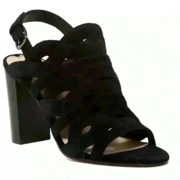 Via Spiga Black Suede Ankle Strap Sandal Heels Open Toe Size 9M Cutout Shoes - Picture 2 of 15